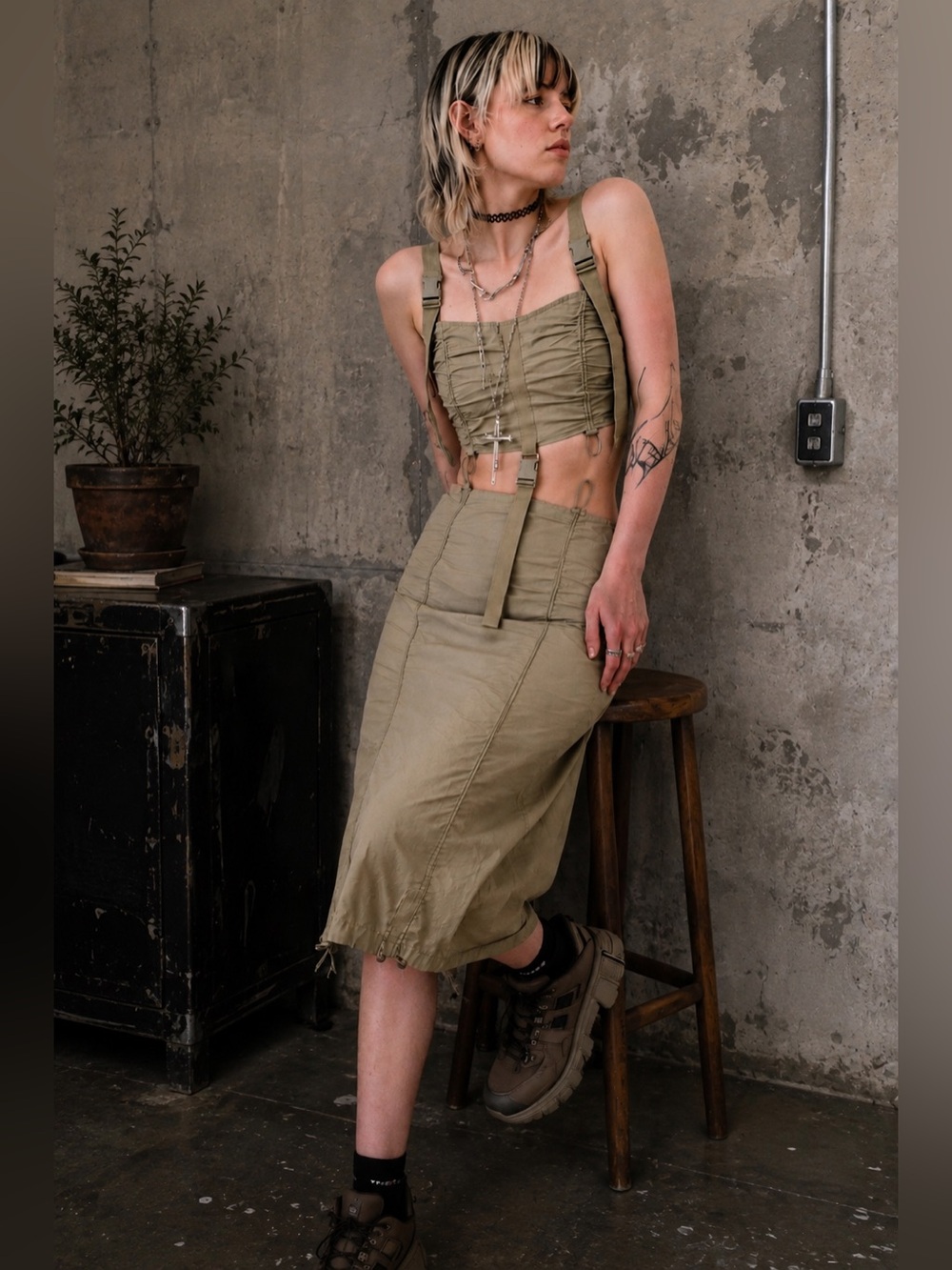 TUNNEL VISION 100% Cotton Tan Grunge Fisherman Utility Industrial Midi Dres